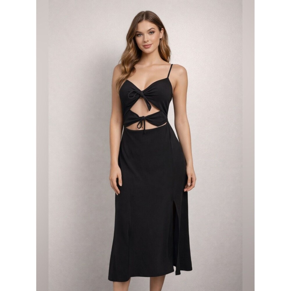 NBD Black Cutout Tie-Front Midi Slip Dress
